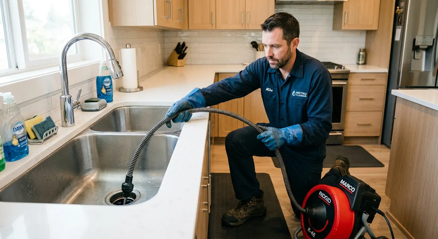 Drain cleaning technician using a motorized snake on a kitchen sink in La Cresta