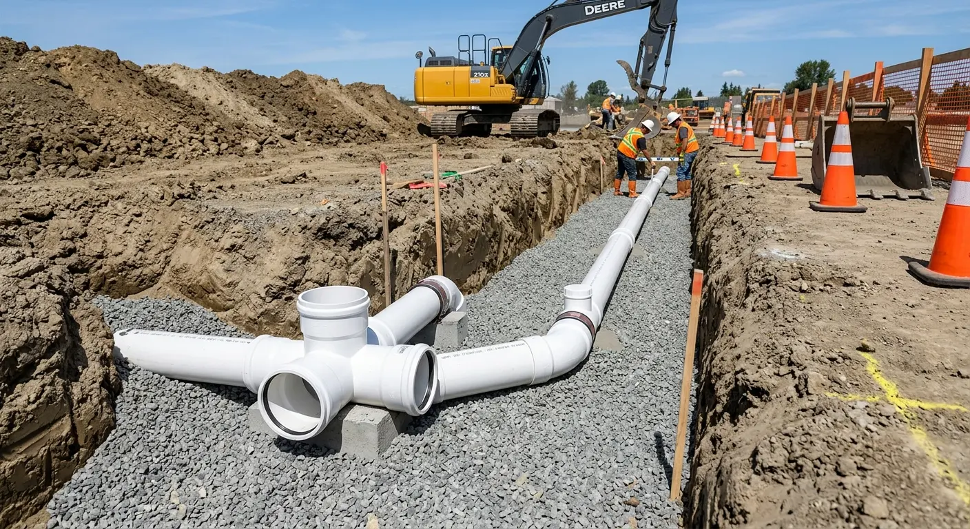 New PVC sewer pipe installation in open trench for Sewer Backup in La Cresta