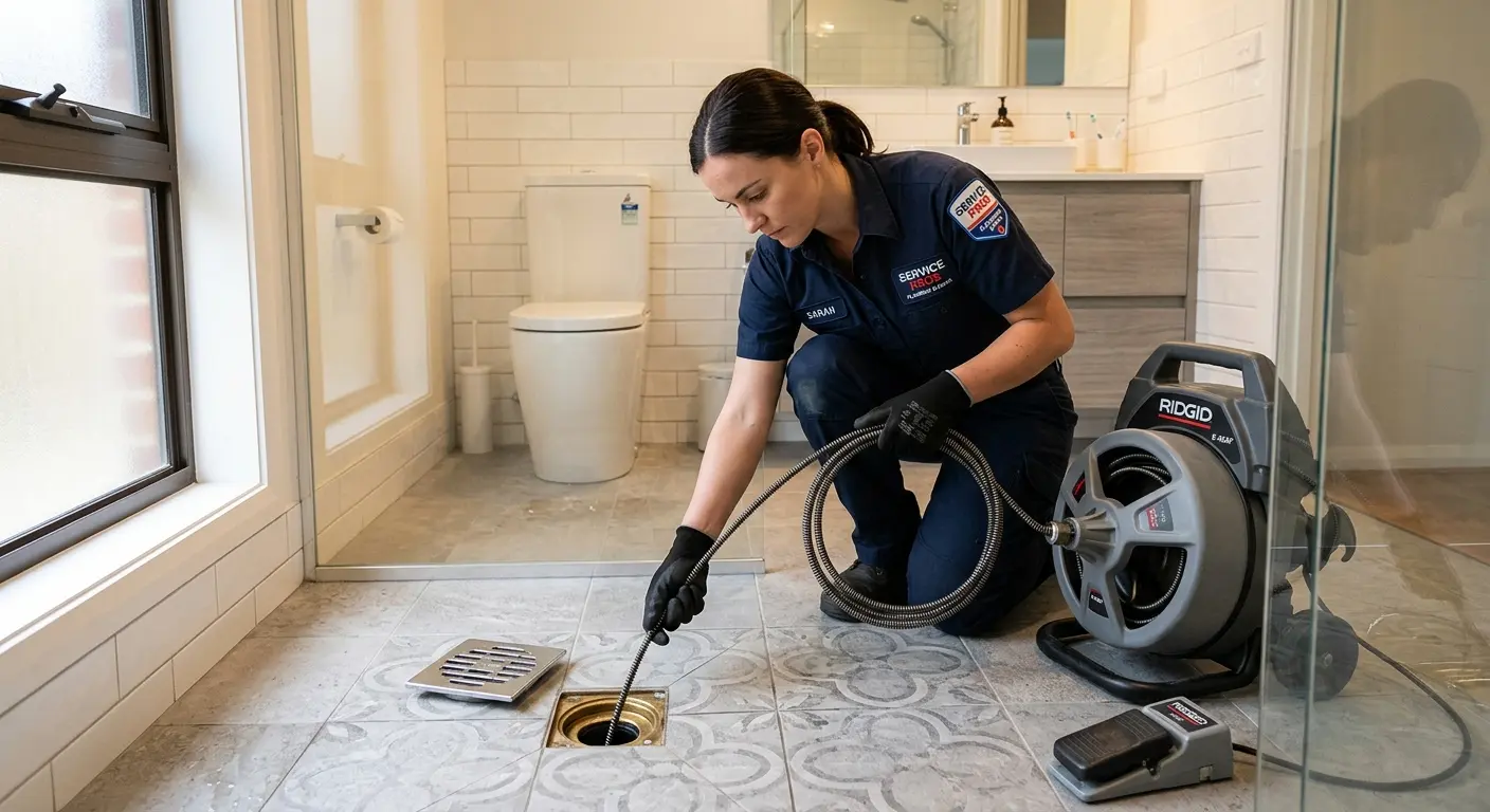 Technician clearing a bathroom floor drain for Sewer Line Replacement in La Cresta